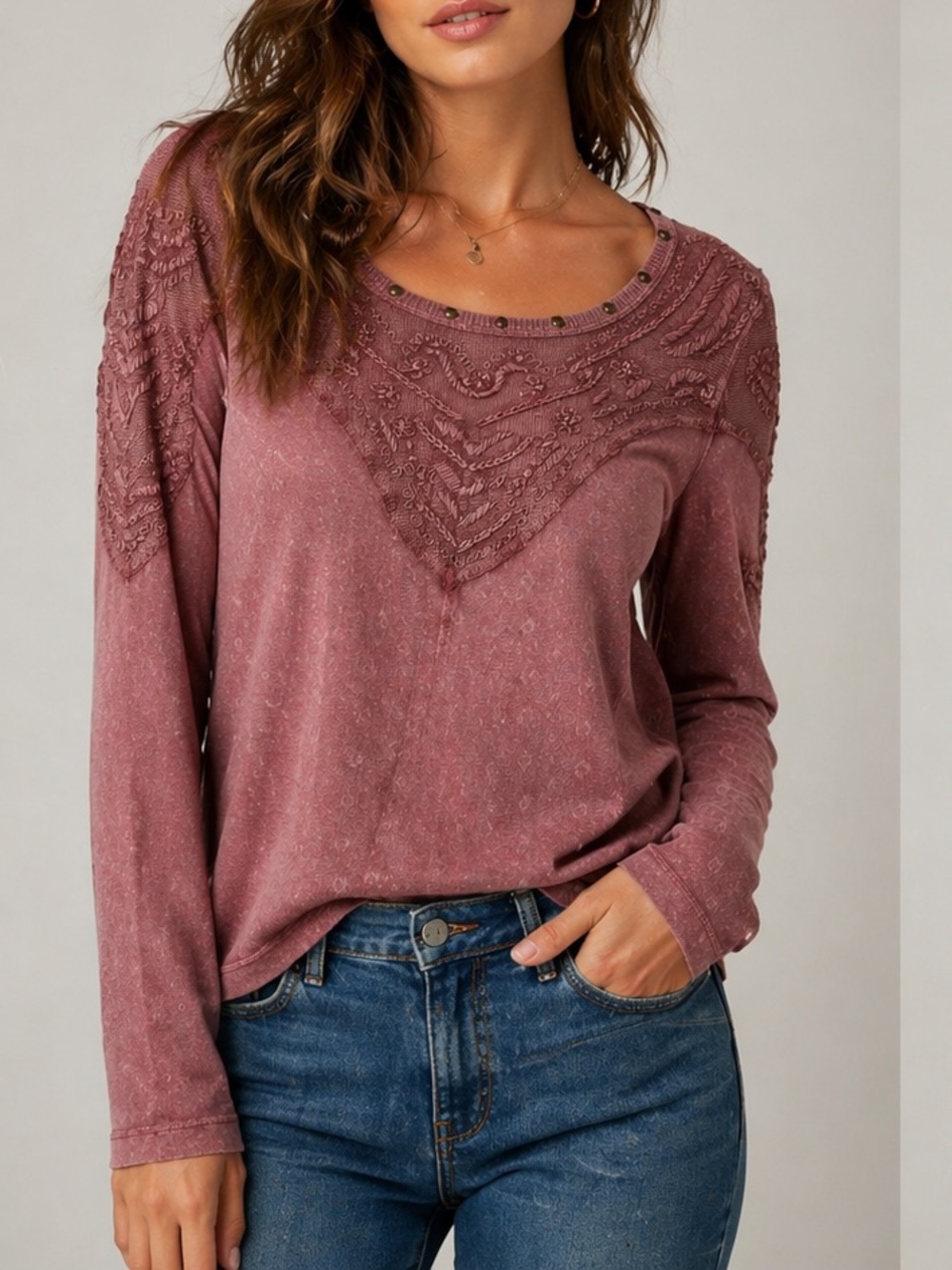 Free‎ People Embellished Embroidered Sheer Lace Boho Mauve Long Sleeve Top